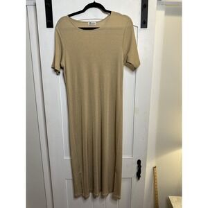 Resa Midi Dress Womens Medium Bodycon Slinky Knit Gold Short Sleeve Sweater